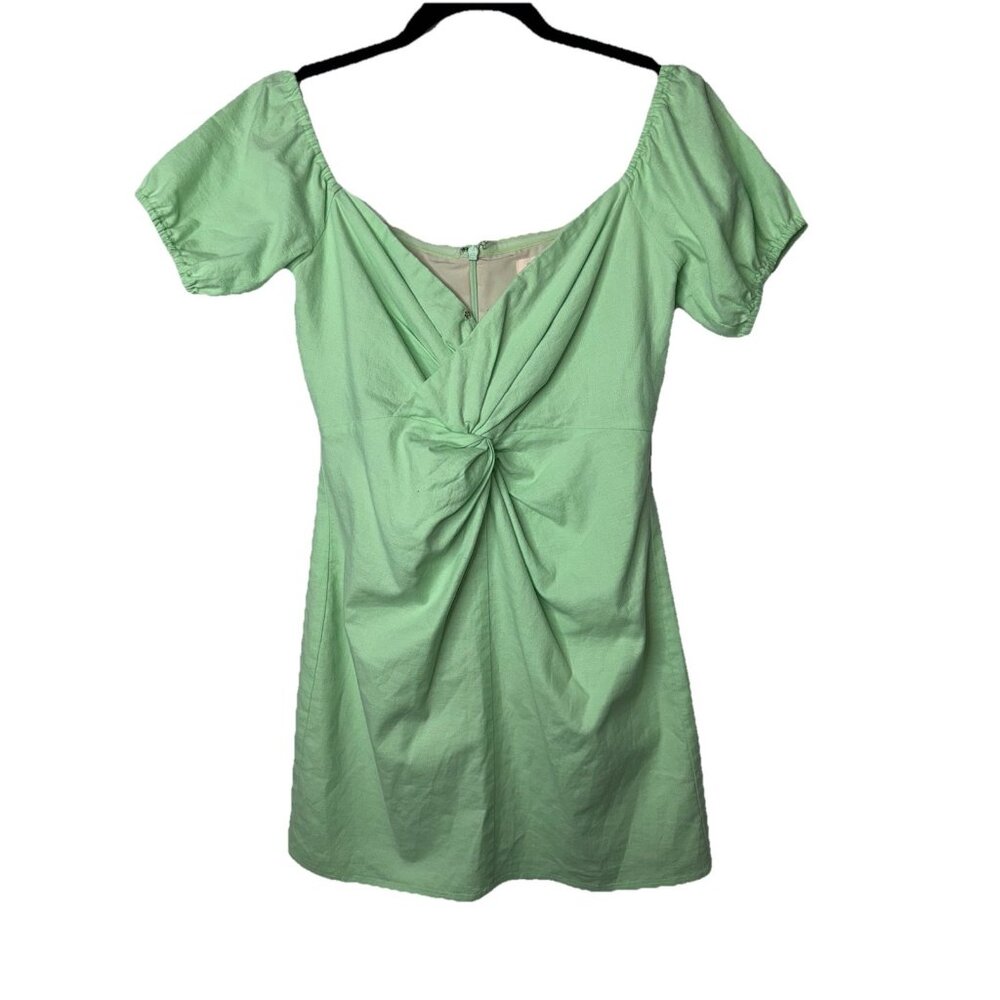 Camila Coelho Linen Mini Dress Light Green Size Small Twist Front Short Sleeve H